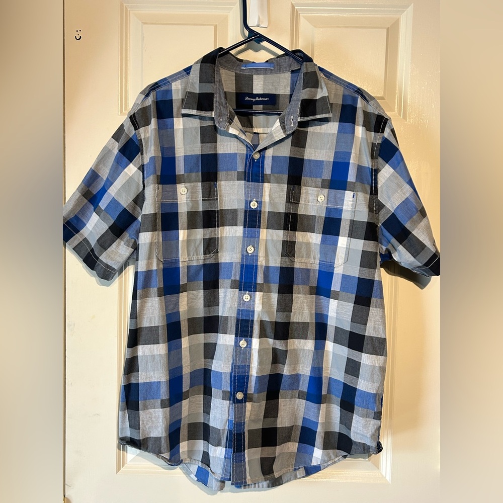 Tommy Bahama Camp Shirt Check Me Old Royal Blue Plaid T316923 Mens XL Cotton